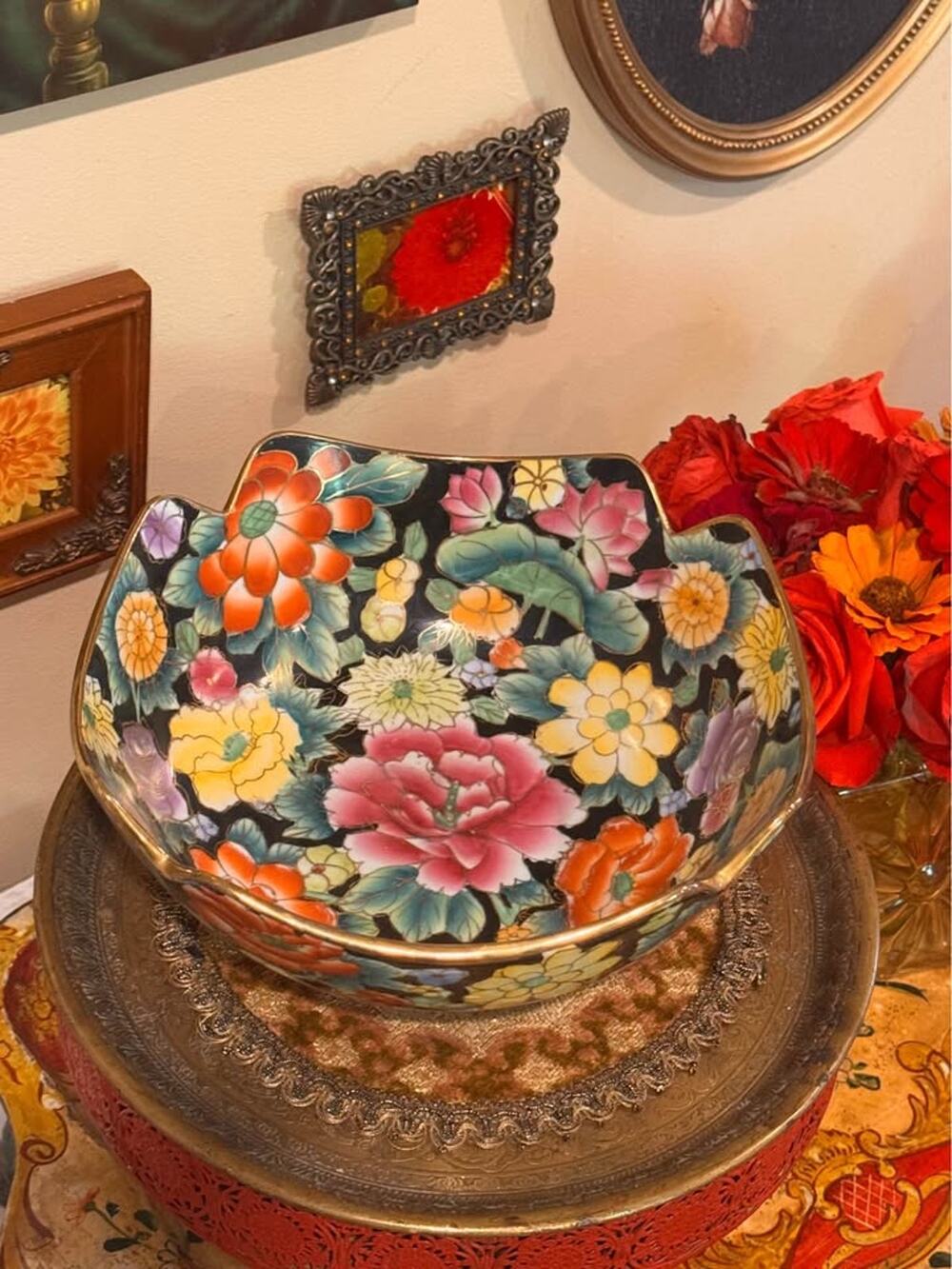 Vintage Chinese Famille Noire Millefleur Porcelain Serving Bowl – Made in China